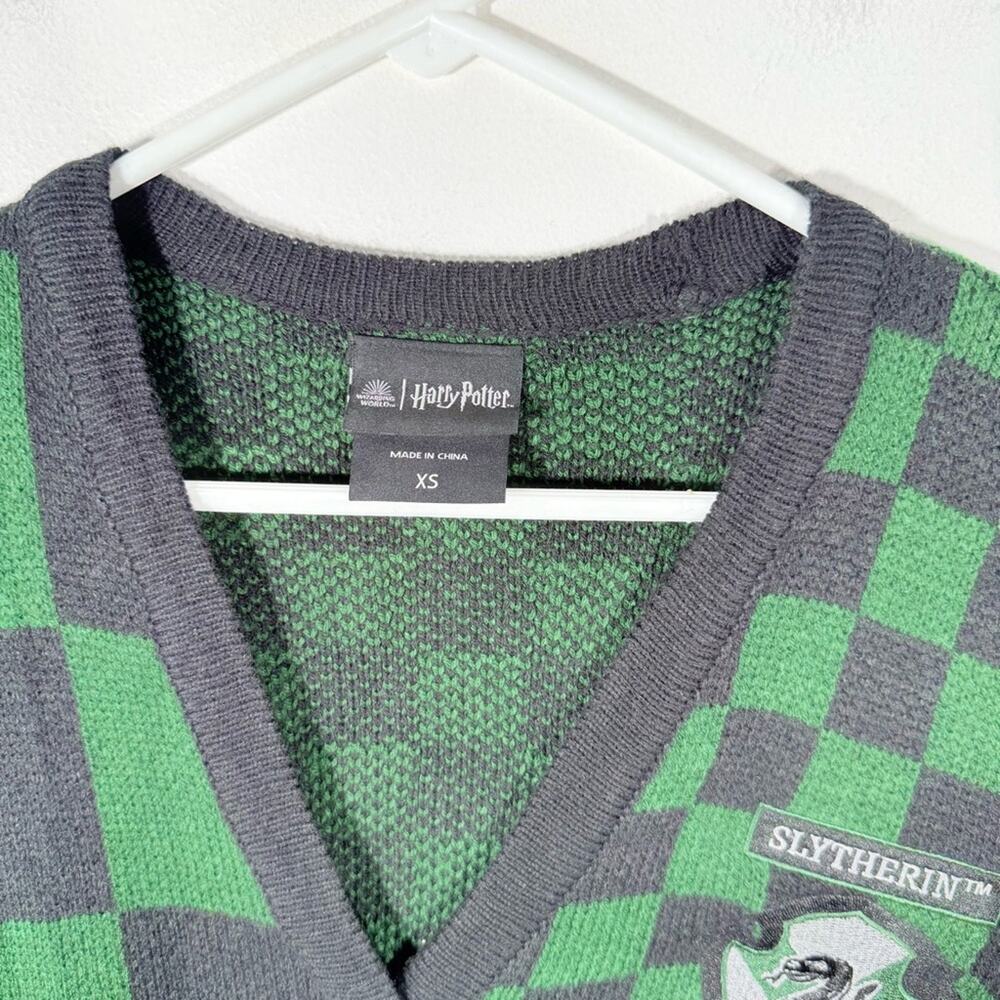 Warner Bros Harry Potter Slytherin Green Black Checkered Sweater Cardigan XS - Picture 4 of 12